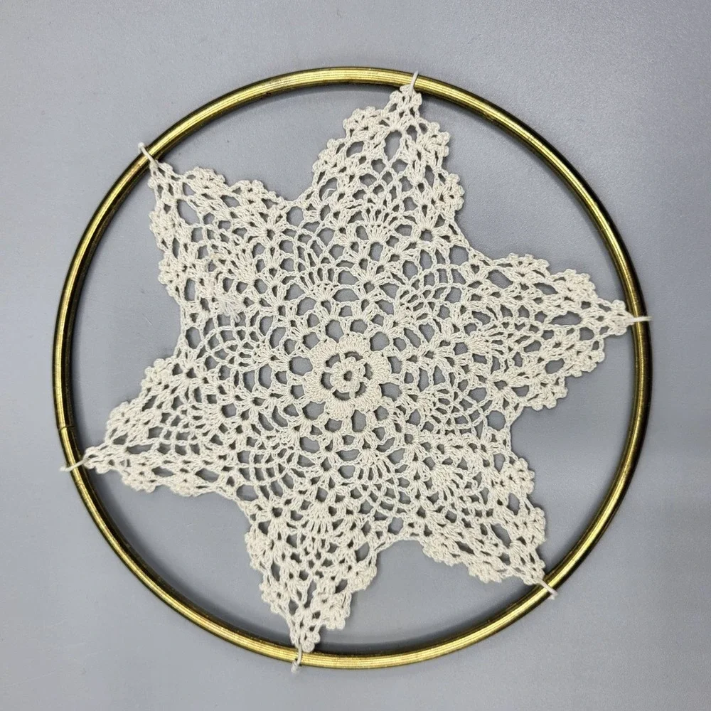Vintage Crochet Snowflake Doily Gold Metal Hoop Handmade Lace Wall Art Decor 5
